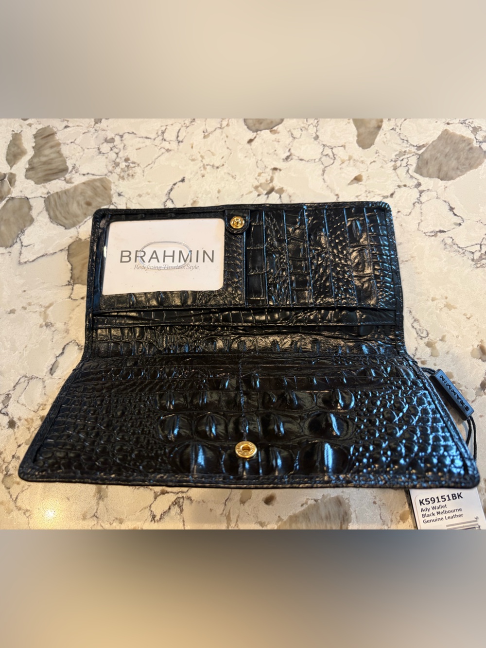 Brahmin Black Croc-Embossed Leather Long Wallet with Gold Plate - Picture 3 of 3